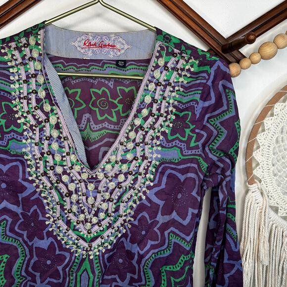 Robert Graham Purple Paisley Embellished Boho Tunic Top - Picture 2 of 4